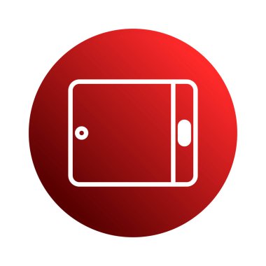 Beyaz tablet ikonu içeren canlı kırmızı bir daire modern teknolojiyi ve dijital iletişimi sembolize eder. Temiz, minimalist tasarım, bağlantı ve yenilik taşır..