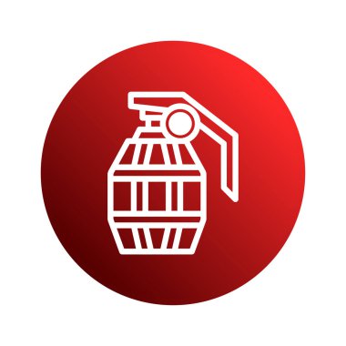 Genellikle askeri kavramlarla, silahlarla ya da potansiyel tehlikelerle ilişkilendirilmiş canlı kırmızı daire arkaplanındaki bir el bombası ikonunun çizimi..