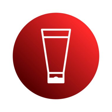 Çeşitli grafik tasarım projeleri için uygun, kırmızı bir grafiksel çember merkezli bir kozmetik tüp ikonunun beyaz anahatlı bir tasarımı.