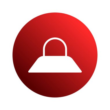 Canlı kırmızı dairenin içinde beyaz bir el çantası sembolü olan minimalist bir grafik. Moda, tarz ve zarafeti temiz ve modern bir tasarımla temsil eder..