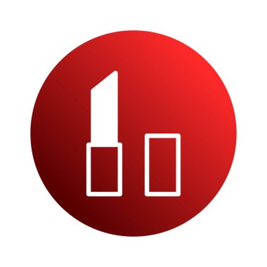 Kırmızı eğimli bir dairede beyaz bir ruj tüpü ve kapak hatları olan minimalist bir illüstrasyon. Güzelliği, makyajı ve kozmetik ürünleri simgeler, markalaşma ve tanıtım için idealdir..