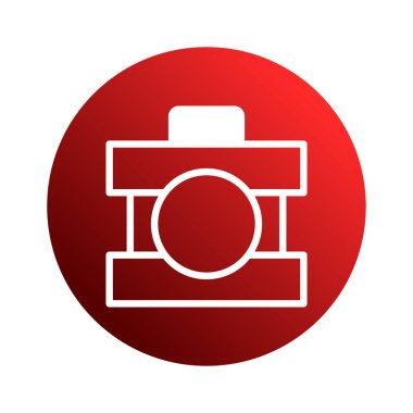 Bir minimalist grafik tasarımı, canlı kırmızı bir gradyan dairede soyut bir kamera ikonuna sahiptir. Fotoğraf ve teknolojiyi temsil ediyor..