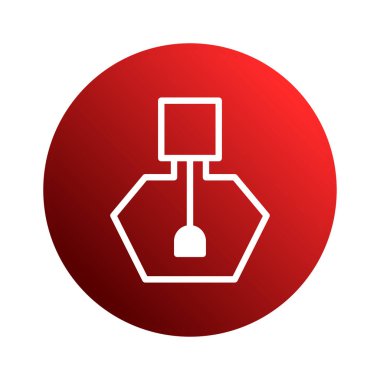 Minimalist bir parfüm ikonu, canlı kırmızı bir eğimli dairede basit beyaz bir şişe şeklinde. Bu modern tasarım lüksü, zarafeti ve güzelliği simgeler..