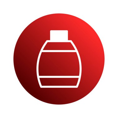 Canlı kırmızı bir eğimli çemberin üzerinde stilize edilmiş bir parfüm şişesi özeti bulunan minimalist bir ikon. Kozmetik markalaşma ya da parfüm ürün tasarımı projeleri için mükemmel..
