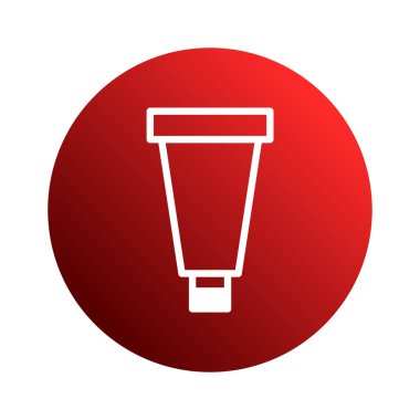 Bir minimalist grafik simgesi kırmızı bir eğimli çember içinde bir diş macunu tüpü tasvir eder. Diş sağlığı promosyonları, ağız bakım ürünleri veya sağlık hizmetleriyle ilgili tasarımlar için ideal.