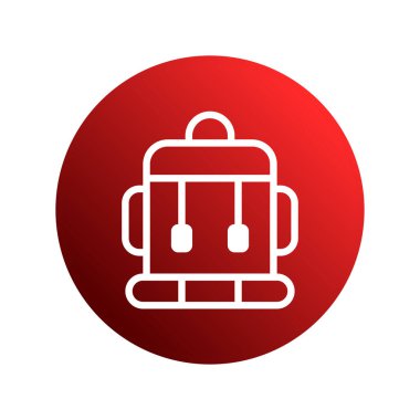 Bu resim, seyahat, eğitim veya açık hava macera temaları için ideal, canlı kırmızı bir arkaplan üzerinde temiz ve modern bir sırt çantası simgesi içerir..