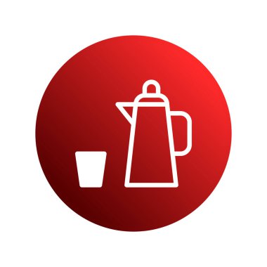 Bir termos ve camın minimalist beyaz çizimi, bir sıcak içecek veya kahve sembolünü temsil eden, eğimli kırmızı dairesel arkaplan üzerine kuruludur..