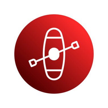 Kırmızı dairesel arka planda beyaz bir kano ve kürek sembolünü gösteren basit bir vektör grafiği. Açık hava aktivitelerini, seyahatleri veya su sporlarını temsil eder.