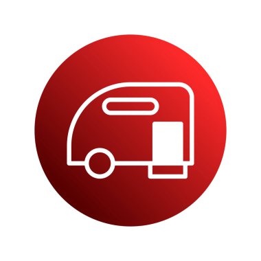 Minimalist bir illüstrasyon kırmızı bir çemberin içinde bir karavan tasvir eder. Basit ve modern tasarımı ile seyahat, eğlence ve tatil temaları için idealdir..