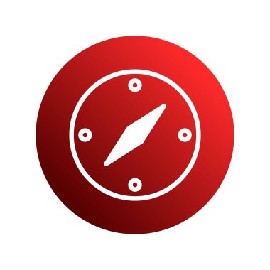 Beyaz bir pusula simgesi, merkezi olarak kırmızı bir arkaplan karşısında konumlandırılır ve seyahat, navigasyon ve yön bulma kavramını gösterir..