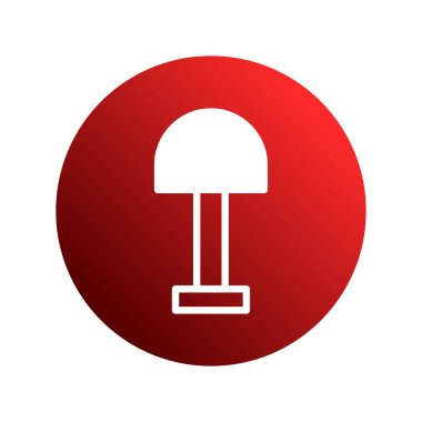 Beyaz masa lambasının minimalist bir simgesi, modern tasarım ve aydınlatmayı sembolize eden canlı kırmızı bir gradyan daireye karşıdır..