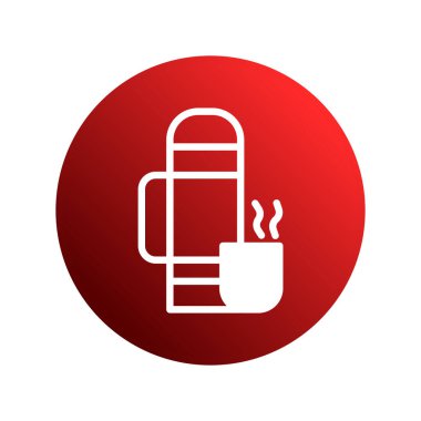 Bir vektör illüstrasyonu, kırmızı dairesel arkaplana karşı bir termos ve fincanın beyaz bir çizgi çizimini tasvir eder. Sıcak bir içecek taşımanın rahatlığını sembolize ediyor..