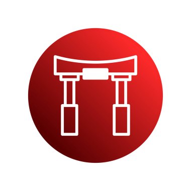 Gelenek ve kültürü sembolize eden, eğimli kırmızı bir daire üzerindeki Japon torii kapısının minimalist çizimi.
