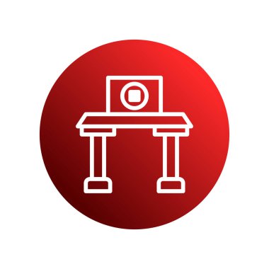 Kırmızı bir çember içine alınmış, mobilya ve işyeri elemanlarını temsil eden, temiz çizgi sanatının yer aldığı minimalist bir masa simgesi. Ofis ya da tasarım kavramları için basit bir grafik..