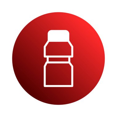 Bir minimalist şişe ikonu, tıbbi ya da ilaç temasını temsil eden kırmızı daire arka planında sergilenir. Tasarım temiz ve basit..