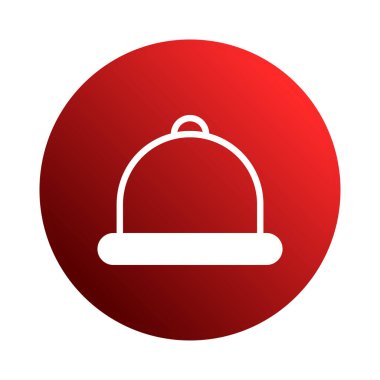 Kubbe kapaklı beyaz servis tabağının minimalist bir çizimi, canlı kırmızı dairesel arka plan üzerine kurulmuş. Yemeklerle ilgili tasarımlar için mükemmel..