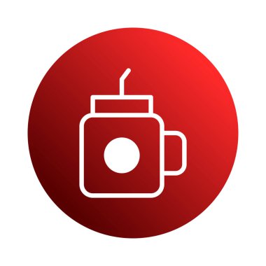 Bir minimalist simge, kırmızı gradyan arkaplana karşı bir pipetle smoothie kavanozunu gösteriyor. Sağlıklı bir içecek seçimini temsil eder ve çeşitli tasarım projeleri için uygundur..