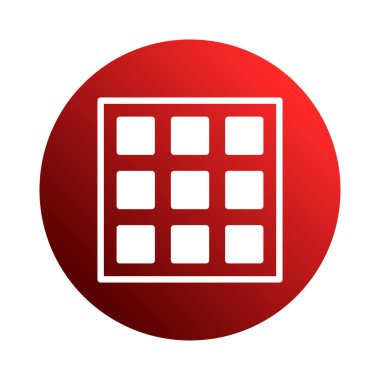 Temiz bir vektör grafiği kırmızı daire, somutlaşmış organizasyon ve dijital menülere karşı oluşturulmuş beyaz bir ızgara simgesi gösteriyor. Kullanıcı arayüzü, uygulama tasarımı ve web geliştirme için ideal.