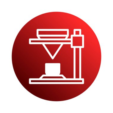 Beyaz 3D yazıcı sembolü kırmızı bir gradyan çemberde izole edilmiş. Gelecek için modern dijital yaratılış teknolojisi. Teknoloji, mühendislik veya tasarım temaları için uygundur.