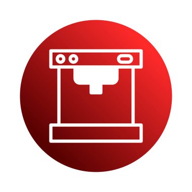 Beyaz hatlı minimalist kahve makinesi simgesi, kırmızı bir daire şeklinde ortalanmış, cihazı ve basitliği gösteriyor, sıcak içecekleri temsil etmek için ideal..