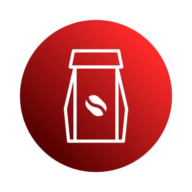 Temiz, modern bir kahve ambalajı simgesi koyu kırmızı bir çemberin içinde duruyor. Markalaşma, menüler ve promosyon malzemeleri için mükemmel..