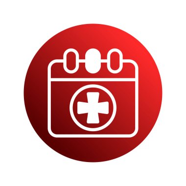 Kırmızı yuvarlak simge, sağlık randevularını, sağlık hizmetleri hatırlatıcılarını veya sağlık kontrollerini veya program denetimlerini sembolize eden tıbbi haçlı beyaz takvim sembolüne sahiptir..