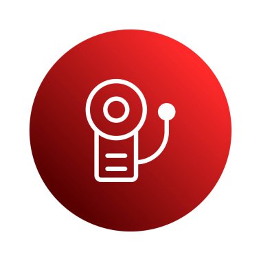 Kalın kırmızı bir ikon, yuvarlak şekilli, klasik bir okul yangın alarmına sahiptir. Acil durum, güvenlik ve uyarı unsurları.