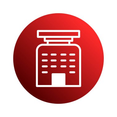 Kırmızı çemberdeki bir bina simgesi. Bina şeklinin beyaz ana hatları mimarinin basit ve modern bir temsilini sunar..