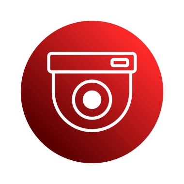 Dairesel kırmızı arkaplanda beyaz bir güvenlik kamerası simgesi gösteriliyor. Gözetleme, güvenlik önlemleri ve modern güvenlik teknolojisi uygulamalarının tasviri için ideal.