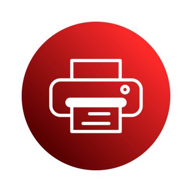 Kırmızı gradyan dairesel arkaplanda basit bir beyaz yazıcı simgesi. Yazdırma teknolojisi ve ofis otomasyonunu temsil eden dijital platformlar ve arayüzler için ideal.