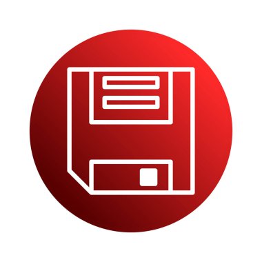 Resim, canlı kırmızı dairesel arkaplana karşı beyaz çizgilerle çizilmiş klasik bir disket simgesini içerir. Eskimiş bir depolama çözümünü temsil ediyor..