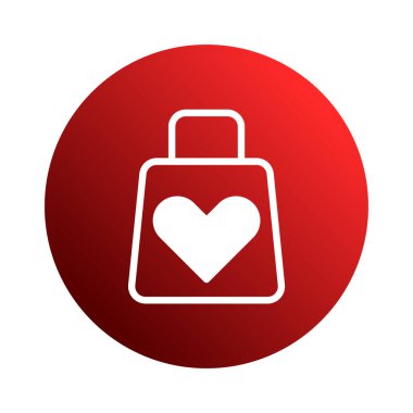 Ortasında kalp sembolü olan stilize bir alışveriş poşeti ikonu, kırmızı bir gradyan arka plana ayarlanmış. Çevrimiçi satış promosyonları, Sevgililer Günü ya da herhangi bir alışverişle ilgili iş için mükemmel..