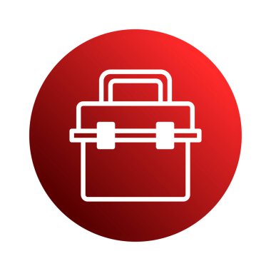 Beyaz çizgilerdeki bir araç kutusu simgesi canlı kırmızı bir daire üzerine kuruludur. Endüstriyel bir ortamda onarım, bakım ve ekipman desteği.