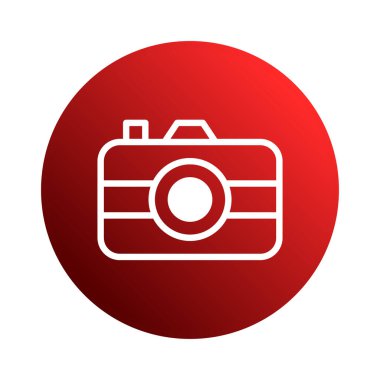Katı kırmızı bir çember üzerine kurulmuş, fotoğraf ya da tasarım projeleri için mükemmel bir beyaz kameranın minimalist grafik çizimi.