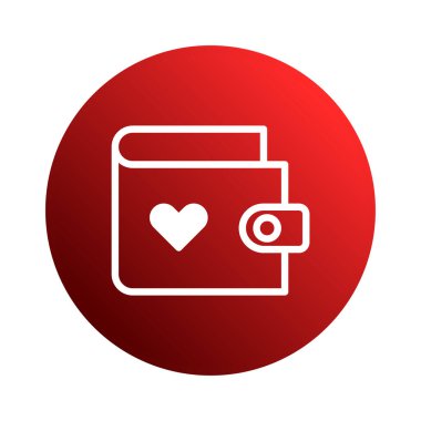 Kalp sembolü olan minimalist cüzdan simgesi, gradyan kırmızı çember arka planına göre ayarlanmış. Bu görüntü sevgiyi, maddi desteği ve hayırseverliği temsil ediyor..
