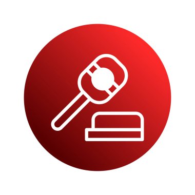 Biçimlendirilmiş beyaz tokmak ve ses bloğu, yasal temalar veya grafik tasarım projeleri için uygun canlı kırmızı bir daire şeklinde sunulmaktadır..