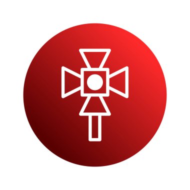 Kırmızı bir gradyan çemberin içine yerleştirilmiş geometrik sembollü soyut bir vektör tasarımı. Sembol ve rengin birleşimi modern bir tasarım yaratır..