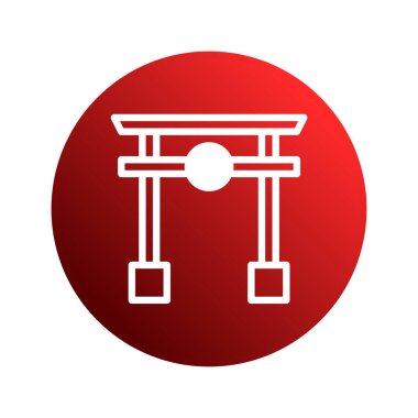 Minimalist bir çizgi, kırmızı dairesel arkaplan üzerine kurulmuş geleneksel bir Japon Torii kapısını tasvir eder. Kültür ve ruhsal geçidi sembolize eder..