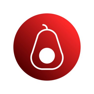 Gıda ve sağlık ile ilgili modern grafik tasarım projeleri için mükemmel, canlı bir kırmızı grafiksel çember üzerinde temiz, beyaz bir ana hatlı minimalist avokado ikonu..