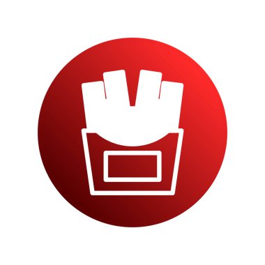 Bu vektör illüstrasyonunda bir patates kızartması ikonu yer alır, fast food yemeğini sembolize eder, canlı kırmızı daire arka planı, basit minimalist tasarım, modern pictogram şablonu.
