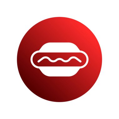 Minimalist bir beyaz sosisli ikonu canlı kırmızı bir çemberin merkezindedir. Bu basit grafik çeşitli gıda tasarım projelerinde kullanılabilir.