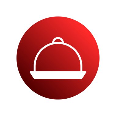 Canlı kırmızı bir arka plan üzerine kurulmuş, restoran menüleri, uygulamaları veya teslimat hizmetleri için mükemmel bir beyaz gıda kubbesi ikonu minimalist vektör çizimi.