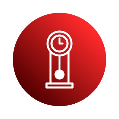 Bu resim, kırmızı dairesel arkaplan üzerinde klasik bir sarkaçlı saatin beyaz bir simgesini içerir. Tasarım basit ve temiz, çeşitli uygulamalar için uygun..