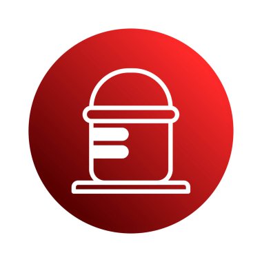Bir minimalist grafik çizimi, koyu kırmızı dairesel arka plana karşı yatay çizgileri olan basit bir kova ikonu içerir. Tasarım modern ve soyut bir konsept sunuyor..