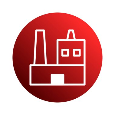 Bir minimalist beyaz taslak, sanayi, üretim ve kentsel ortamları gösteren, eğimli, kırmızı dairesel bir zemin üzerine kurulmuş bir fabrika binasını tasvir eder..