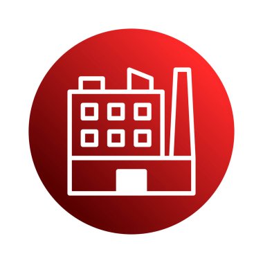 Canlı bir kırmızı daire içindeki bir sanayi merkezinin modern ve temiz bir sembolü üretim, enerji ve küresel etki temaları taşır. Doğrusal tasarım kullanım için mükemmeldir.