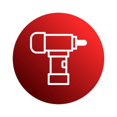 Basit, izole bir illüstrasyon beyaz kablosuz bir matkap tasvir eder, canlı kırmızı dairesel bir zemin karşısında merkezi konumlandırılmış, ev geliştirme ve onarım kavramları önerir.