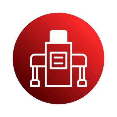 Canlı kırmızı bir daire içinde sunulan otomatik bir makinenin stilize edilmiş vektör simgesi. Teknolojik gelişmeyi ve endüstriyel otomasyonu temsil eden tasarım, temiz ve modern..