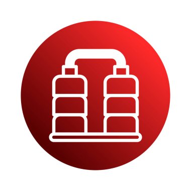 Beyaz bir endüstriyel ekipman ikonu, arka planı değişken, teknoloji, imalat ve endüstriyel süreçleri temsil eden kırmızı bir dairede tasvir edilir..