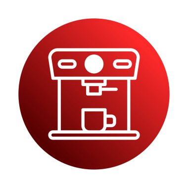 Bir kahve makinesinin minimalist beyaz çizgisi kırmızı bir çember üzerine kuruludur, simge ya da grafik ögesi olarak kullanmak için mükemmeldir..